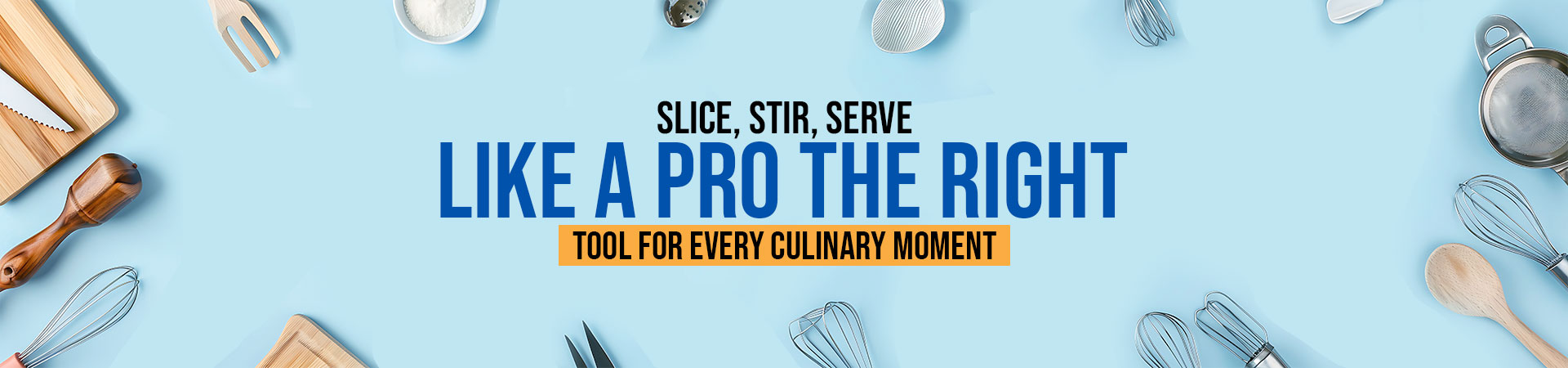 Kitchen utensils including whisk, wooden spoon, spatula, strainer, and pepper grinder with text promoting cooking tools for culinary use.